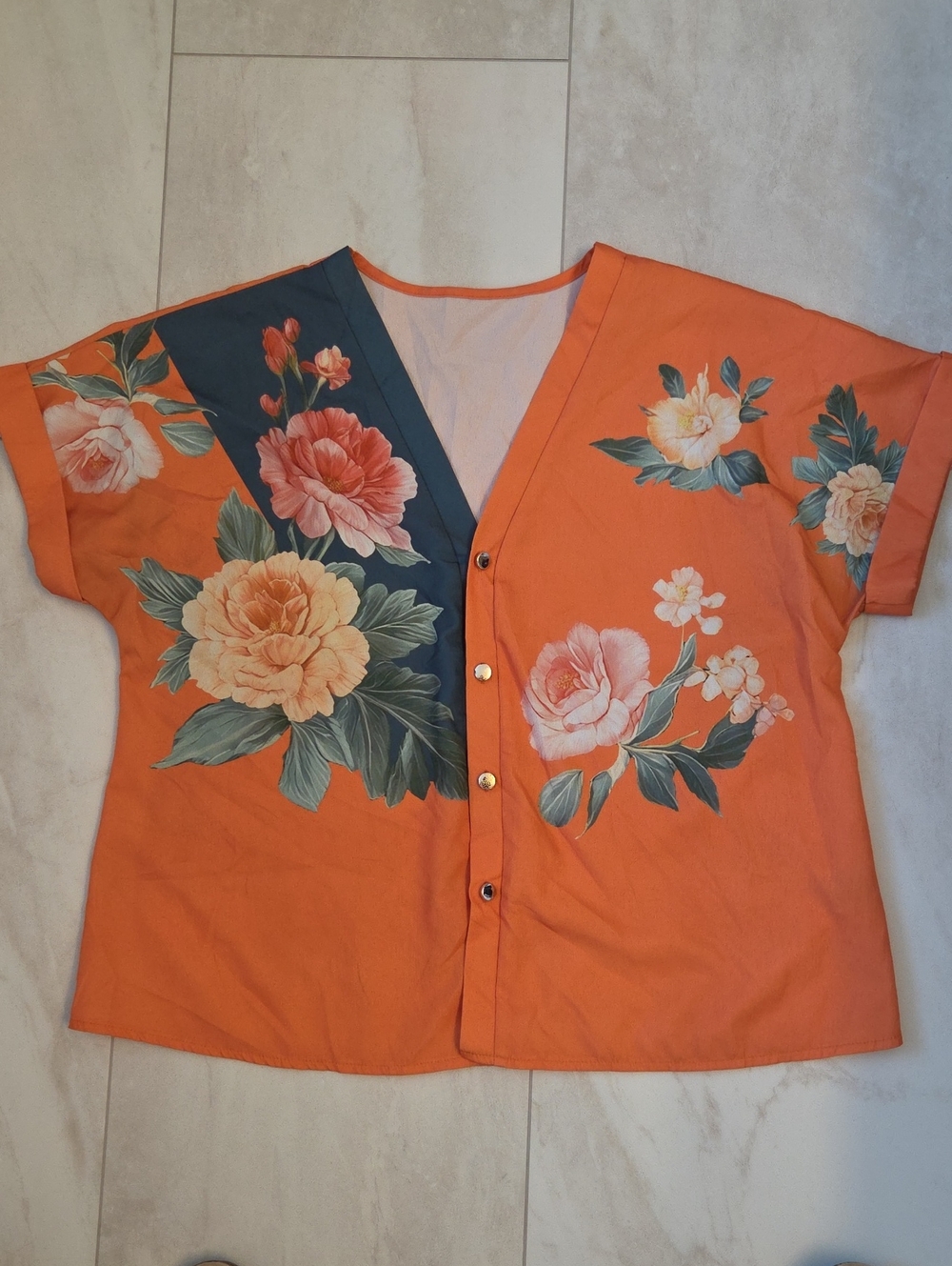 Floral Print Button-Front Women’s Top in Orange